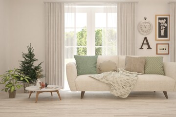White living room with sofa and summer landscape in window. Scandinavian interior design. 3D illustration