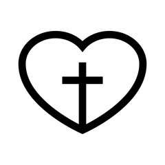 Amor cristiano. Logotipo con cruz en corazón con lineas en color negro