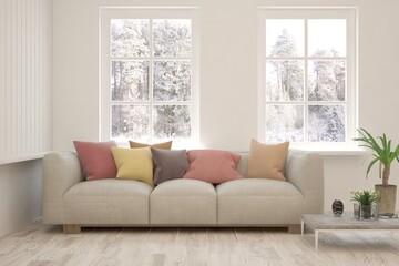 White living room with sofa and winter landscape in window. Scandinavian interior design. 3D illustration