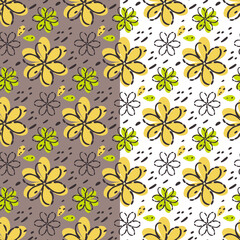 Vector floral seamless pattern, doodle hand drawn grey line flower sketch. Cute funny illustration