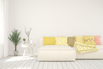 White living room with sofa. Scandinavian interior design. 3D illustration