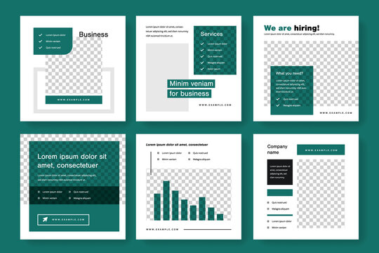Elegant business social media layouts with green accent, facebook and instagram templates, clean and organized editable graphics