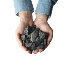 Man holding coal in hands on white background, top view