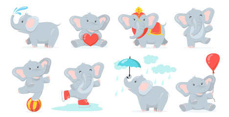 Cute baby elephant set. Funny cartoon animal character splashing water, holding red heart, skating, dancing on ball, walking in rain. Vector illustration for circus tricks, India concept