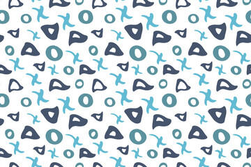 Doodle geometric seamless pattern, hand drawn triangle, circle, cross shapes. Simple neutral background in blue palette, on white. Vector