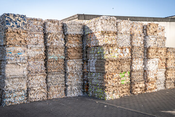 Bales of cardboard and box board with strapping wire ties