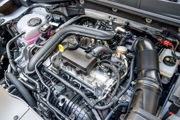 Fototapeta premium High angle view of a modern car petrol engine