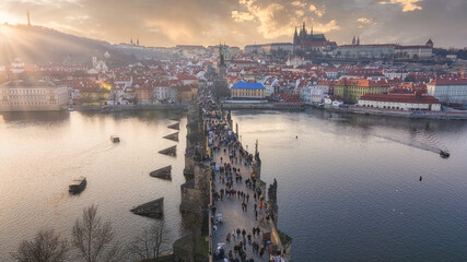Aerial view of Prague Castle and charles bridge, Prague, Czech Republic.
