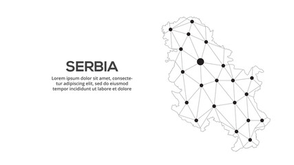 Serbia communication network map. Vector image of a low poly global map with city lights. Map in the form of lines and dots