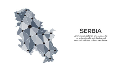 Serbia communication network map. Vector image of a low poly global map with city lights. Map in the form of triangles and dots