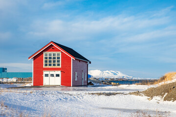 Red house  with sewage Treatment Plant,Brønnøysund,Helgeland,Nordland county,Norway,scandinavia,Europe