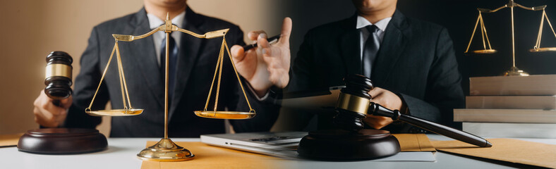 Business and lawyers discussing contract papers with brass scale on desk in office. Law, legal...