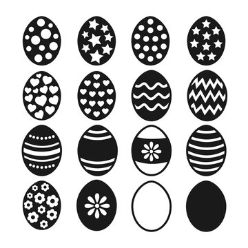 Set of Easter black eggs with simple textures isolated on white background. Laser cutting template. Happy Easter. Vector illustration in flat minimal style