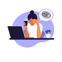 Professional burnout syndrome. Frustrated worker, mental health problems. Vector illustration in flat style.