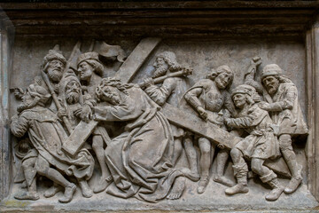 BAS-RELIEFS IN ARCHITECTURE. Bas-relief featuring with scenes from the Bible. Bamberg. Germany. Europe. European travel.