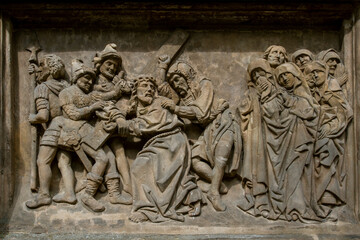 BAS-RELIEFS IN ARCHITECTURE. Bas-relief featuring with scenes from the Bible. Bamberg. Germany. Europe. European travel.