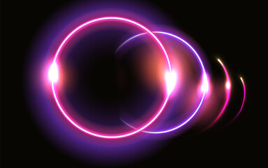 Abstract fantastic background with neon glow round frame and shiny light space portal into another dimension. Fluorescent space border.