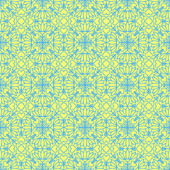 seamless pattern drawn with light blue flowers and hearts on a yellow background, vector, mosaic