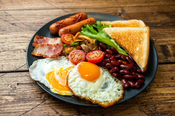 Rustical breakfast eggs, sausages, vegetables