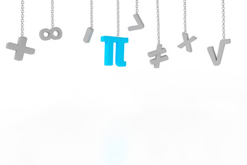 Pi number and math signs hang on a chain in number day,