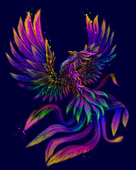 Phoenix. Abstract, Color, neon, digital drawing of the phoenix bird in watercolor style on a blue background. Vector graphics. Separate layers.