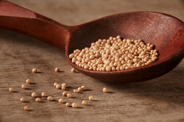 mustard grains in a wooden spoon close up 