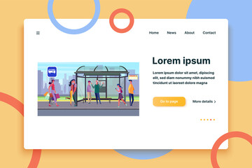 People waiting bus on bus stop. Passenger, commuter, roadside flat vector illustration. Transportation, town, traffic concept for banner, website design or landing web page