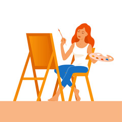 Beautiful young woman draws behind an easel. Sitting on a chair, holding a palette and a brush. Vector isolated illustration