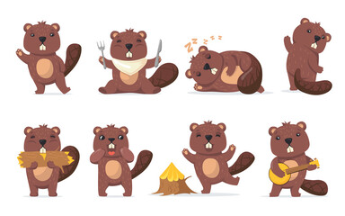 Funny beaver set. Cute cartoon woodchuck waving hello, eating wood, sleeping, dancing in different poses. Vector illustration for wildlife, animal, nature concept - obrazy, fototapety, plakaty