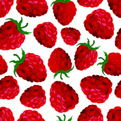 On a white background red raspberries, seamless pattern.Postcard, banner, flyer, brochure, poster, background.