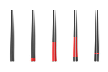 Vector 3d Realistic Black and Red Chopsticks Set Closeup Isolated on White. Design Template of Food Sticks, Asian Bamboo Utensils, Traditional Japanese Culture Dinnerware, Mockup. Top, Front View