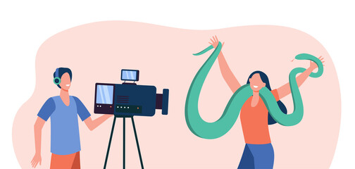 Happy woman posing on camera with big snake. Operator, trip, video flat vector illustration. Entertainment and exotic animals concept for banner, website design or landing web page