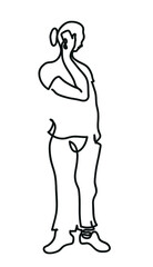 One line drawing of modern woman talking on mobile phone.
One continuous line drawing of female speaking by smartphone.