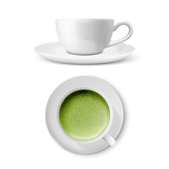 Vector 3d Realistic Ceramic White Coffee Porcelain Ceramic Mug, Cup and Saucer Isolated on White Background. Green Milk Foam Matcha. Design Template. Front and Top View