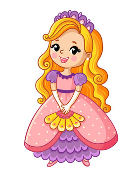 Princess in a beautiful dress and with a fan in her hand stands on a white background and smiles. Vector illustration.