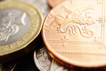 Macro closeup of coins.