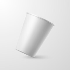 Vector 3d Realistic Paper White Disposable Falling Coffee or Tea Cup Closeup Isolated on White Background. Stock Vector Illustration. Design Template for Mockup. Front View