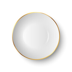 Vector 3d Realistic White Empty Porcelain, Ceramic Plate with Golden Border Icon Closeup Isolated on White Background. Design Template for Mockup. Stock Vector Illustration. Top View