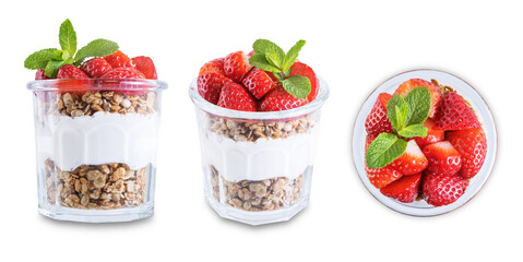 Strawberry Greek yogurt granola parfait in a glass on a white isolated background