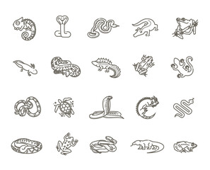 Reptiles and amphibians icons set. Line design