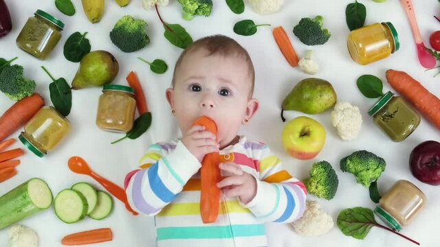 baby puree with vegetables and fruits. selective focus.