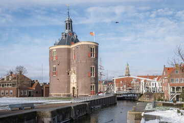 Scenic view of the famous historic tower of Enkhuizen in a sunny winter day