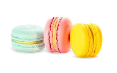 Three French macarons isolated on white background.