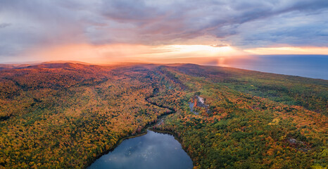 Spectacular autumn sunset over Lake Superior from the Lake of the Clouds -  Michigan Porcupine mountains wilderness state park - Upper Peninsula