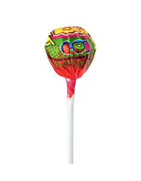 April 2018. Chupa Chups on a white background. Lollipop on a stick isolated on white background.