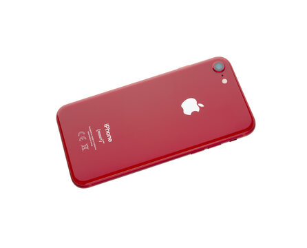 May 2018. Apple iPhone 8 (PRODUCT) RED on white background. A new smartphone from the company APPLE close-up isolated on a white background.