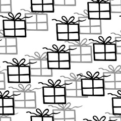 Holiday seamless pattern with present on white background. Vector illustration for Birthday, Merry Christmas, New year. Template design for invitation, poster, card, fabric, textile. Doodle style.