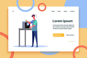 Serviceman repairing computer. PC support help center service and maintenance flat vector illustration. Computer repair and customer care concept for banner, website design or landing web page