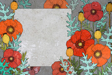 Textural floral frame with cineraria and poppies