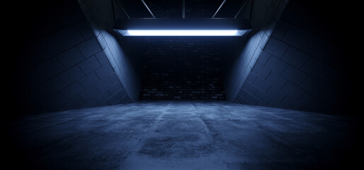 Sci Fi Futuristic Modern Led Neon Glowing Blue Tunnel Corridor Hallway Concrete Stone Cement Glossy Grunge Dark Realistic Background Garage Hangar 3D Rendering - obrazy, fototapety, plakaty